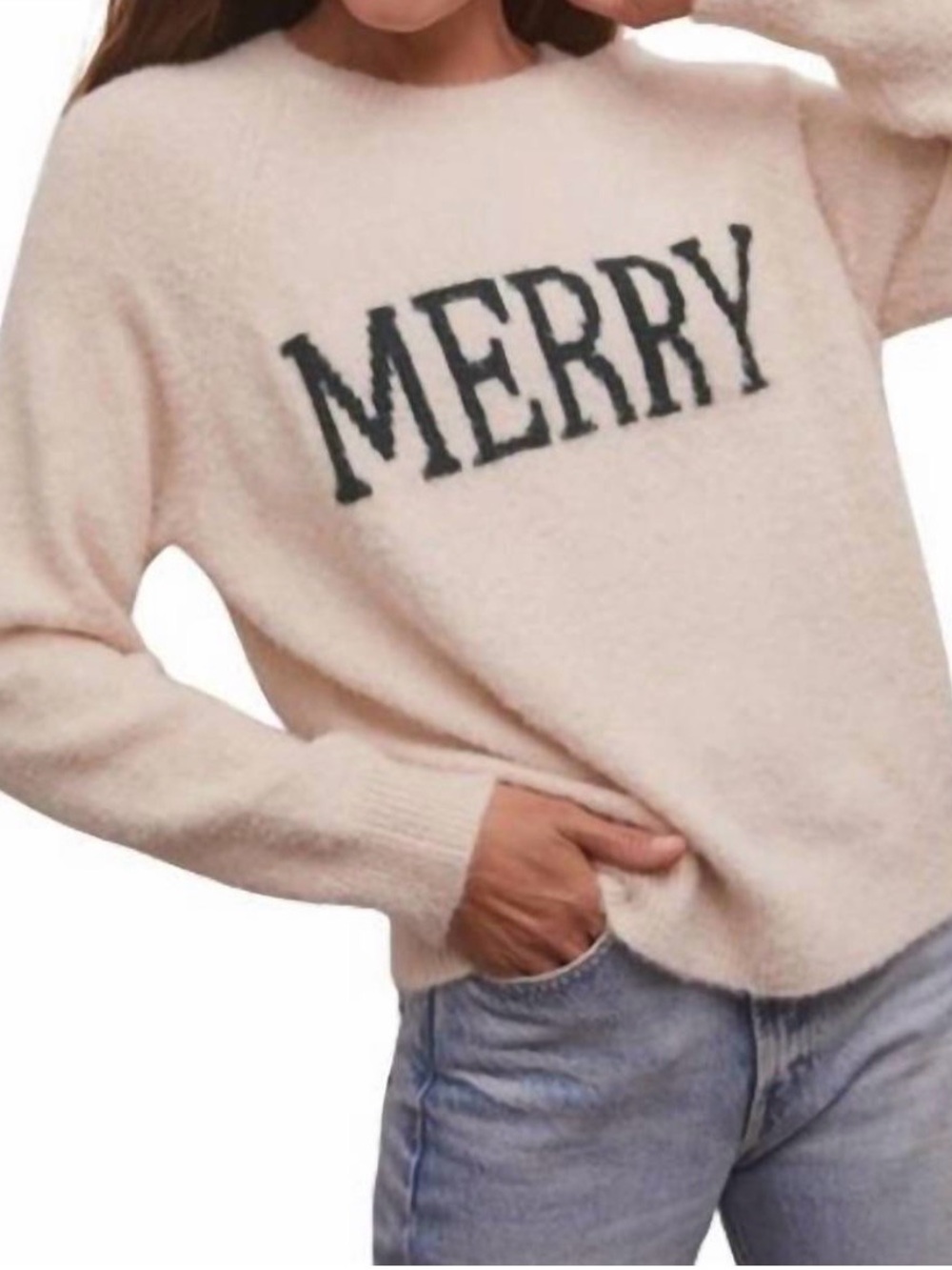 Z Supply Cream 'MERRY' Crewneck Sweater with dark green Lettering